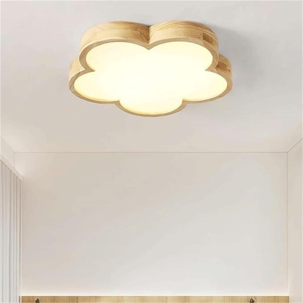 Nordic Modern LED Ceiling Light, Cute Cloud Shape Wooden Flush Mount Lamp, Ultra-Thin Acrylic & Natural Wood Grain