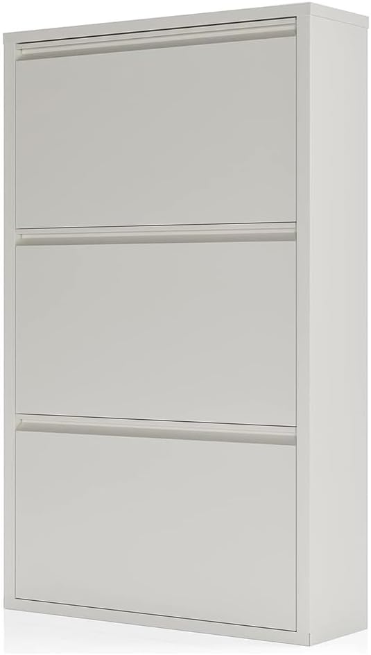 Shoe Storage Cabinet with 3 Flip Drawers, Hidden Slim Narrow Shoe Rack Cabinet, Wall Mount Metal Shoe Cabinet , White