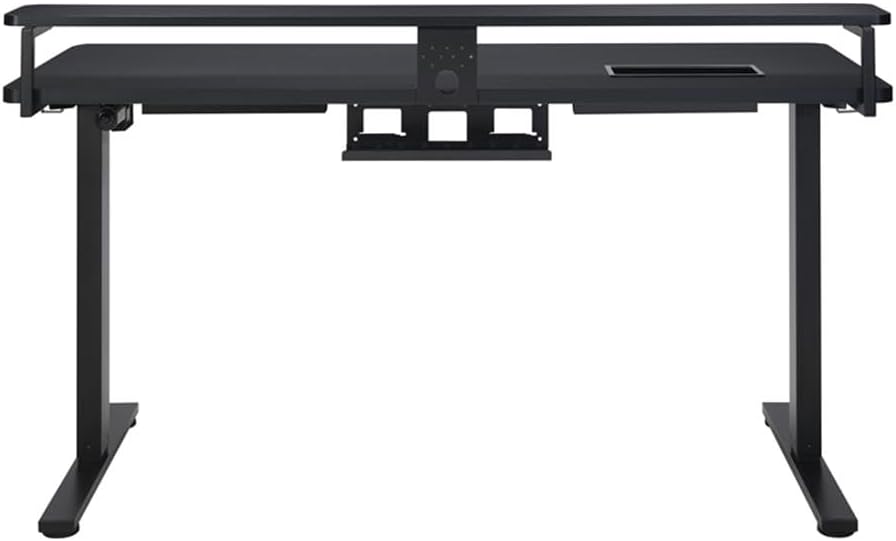 60 Inch Electric Height Adjustable Gaming Desk, Black Carbon Fiber Finish, Hutch with Elevated Monitor Shelf, Steel