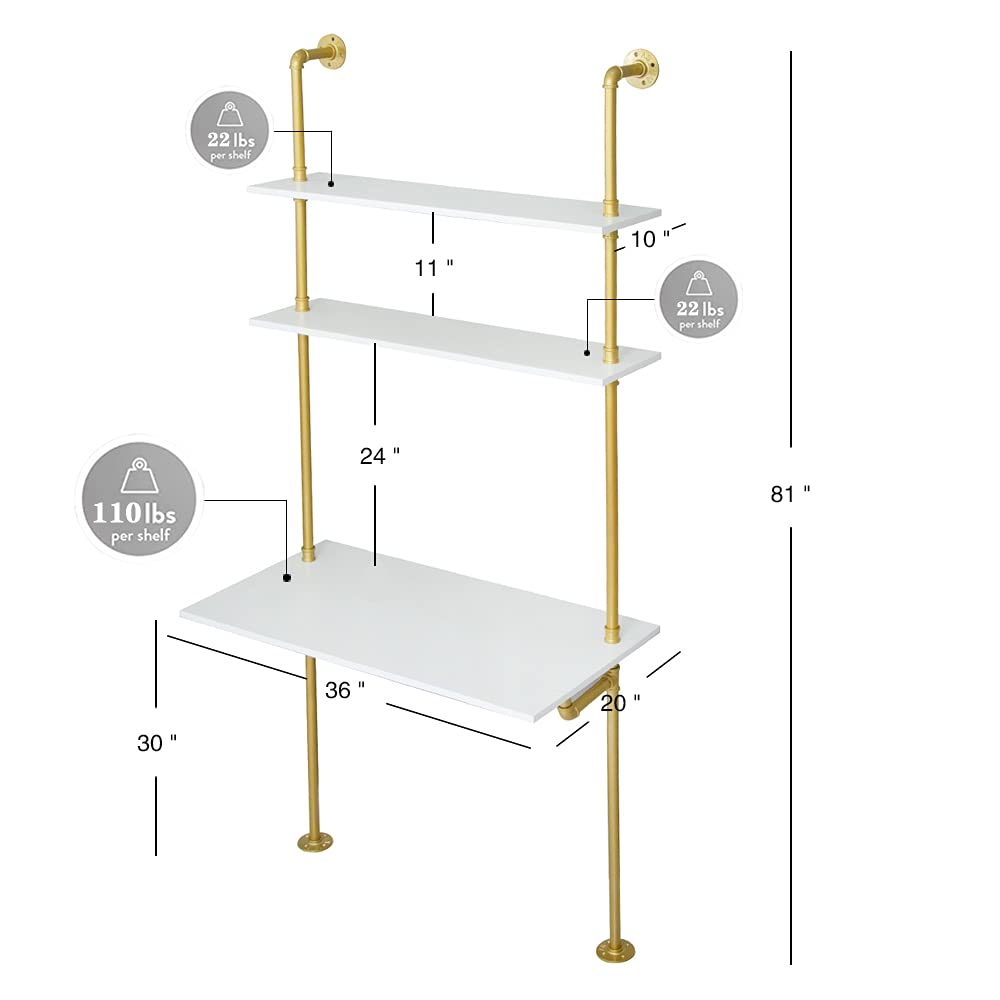 White and Gold Desk, 36" Ladder Desk, Wall Mount Computer Writing Table Pipe Shelf Shelving Mini Narrow Industrial