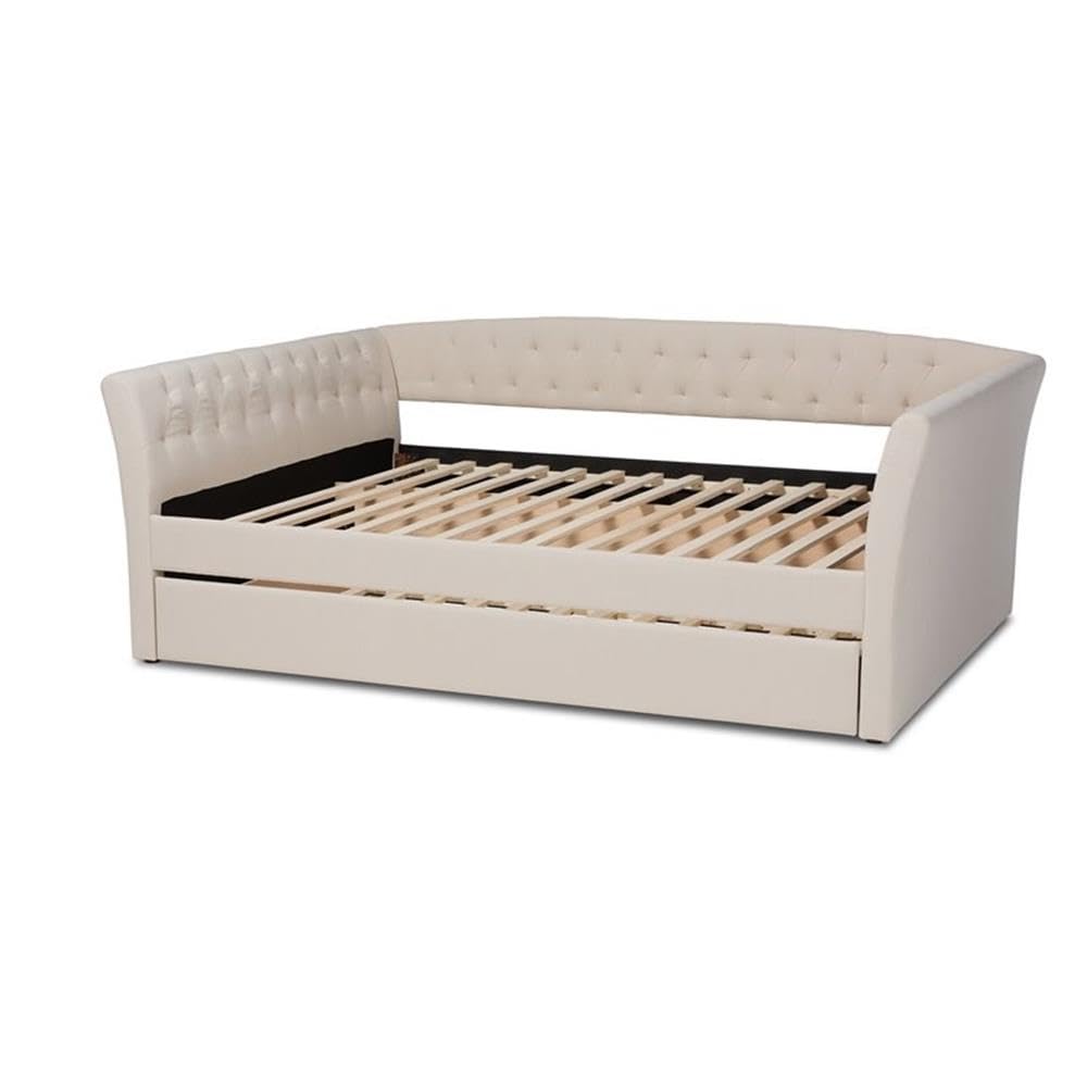 Delora Modern and Contemporary Beige Fabric Upholstered Queen Size Daybed with Roll-Out Trundle Bed