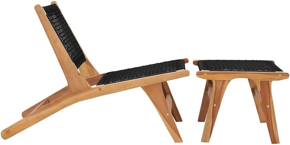 Sun Lounger with Footrest, Outdoor Lounge Chair, Solid Teak Wood and Polyester Rope, Brown, 35.2" x 22.4" x 25.6"