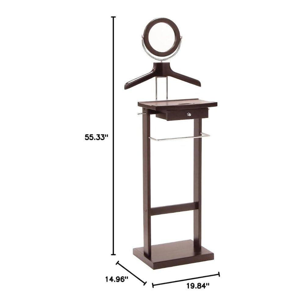 Solid Wood Clothes Valet Stand in Dark Espresso with Round Mirror, Drawer, Tray, Pants and Tie Hangers, and Shoe