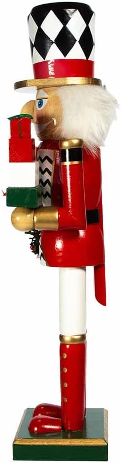 15-Inch Red, White and Black Nutcracker with Gift Box and Wreath