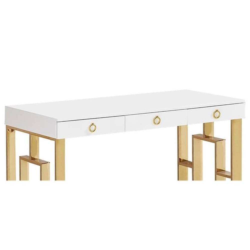 Barento 47" White Gloss Rectangular Computer Desk with 3 Drawers and Ring Handles, Stainless Steel Sled Base