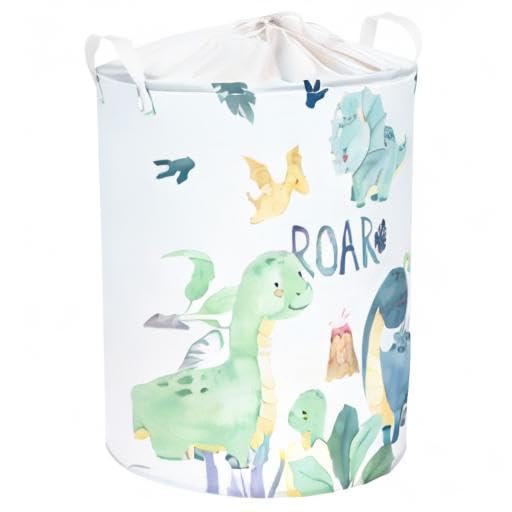 45L Cartoon Green Dinosaur Laundry Basket with Handle Round Bedroom Bathroon Toys Clothes Storage Basket