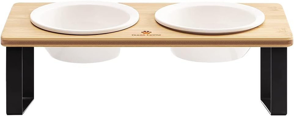 Ceramic Elevated Cat Bowls Raised Puppy Dishes for Food and Water Tilted Wooden Stand for Indoor Cats 5.5 inch Wide