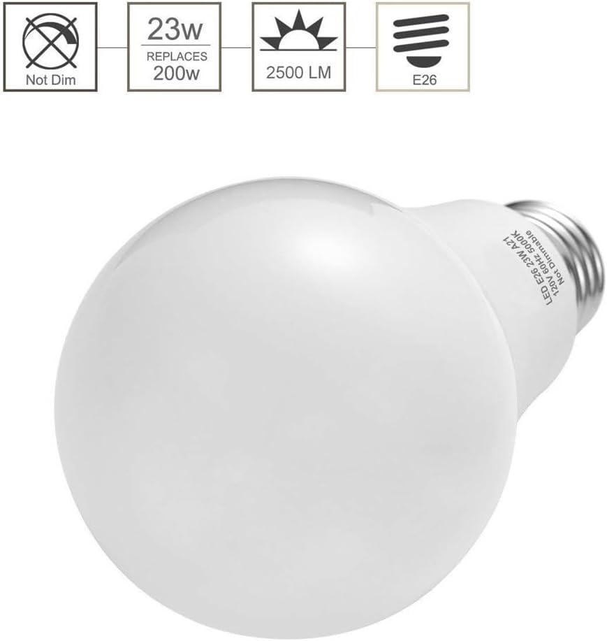 Indoor Lighting 4Pack LED Lights Bulb E26 23W Lamp Equivalent Medium Screw Light Bulbs A21 2500 Lumens Daylight 5000K