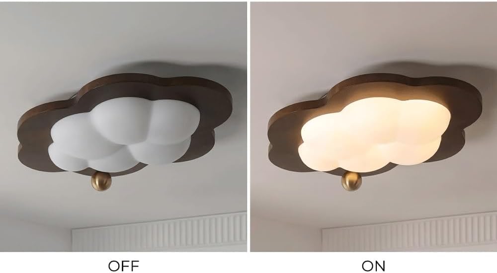 French Modern Cloud Ceiling Light, Star Flush Mount Fixture, Wooden Ceiling Lamp, Solid Wood Walnut Finish, Acrylic