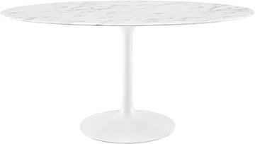 Lippa 60" Oval-Shaped Mid-Century Modern Dining Table with Artificial Marble Top and White Base