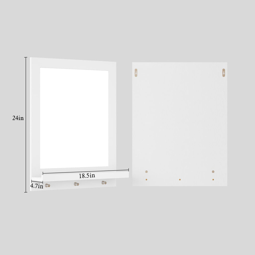 24" x 18.5'' Wood Wall Mirror with Shelf, Rectangular Hallway Mirror with Hooks, Hanging Wall Mirrors, White
