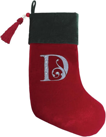 Red and Green Velvet Rhinestone Monogram Christmas Stocking - D