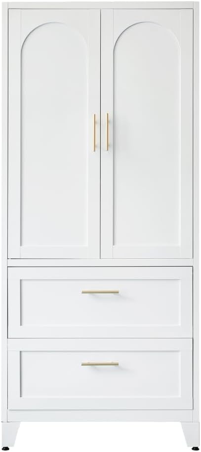 71" Tall Metal Wardrobe Cabinet with 2 Drawers and Hanging Rod, 2 Doors Wardrobe Closet with Shelf (White + Steel)