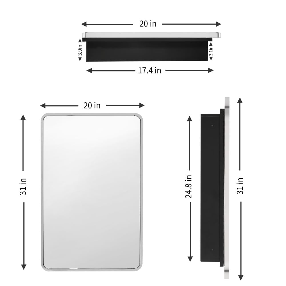 Medicine Cabinet with Mirror, 20 Inch x 31 Inch Metal Framed Bathroom Mirror Medicine Cabinet Rectangle Tilting