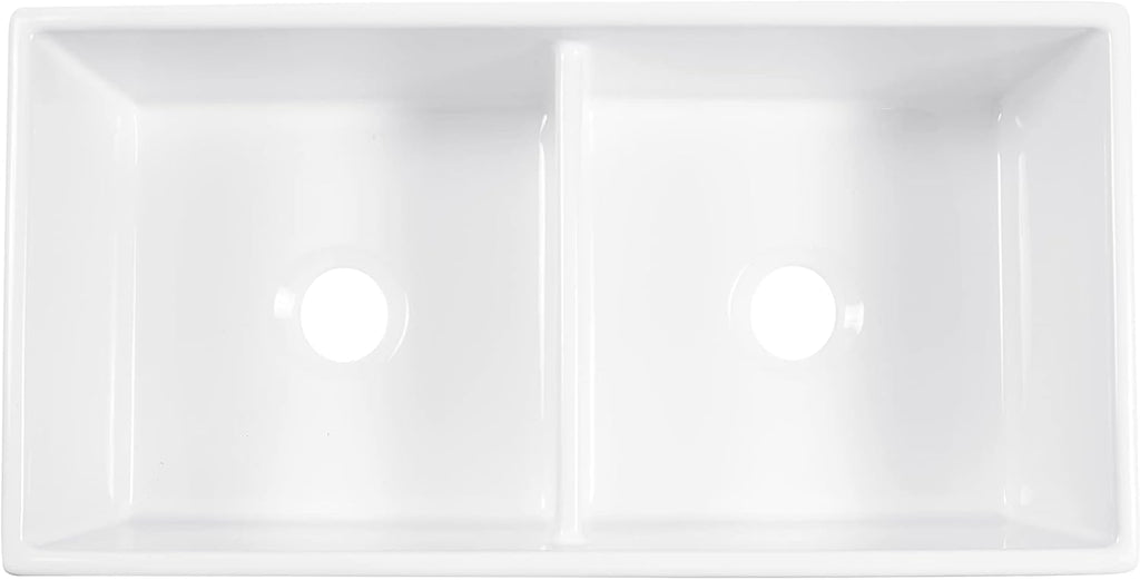 Austen 36 in White Fireclay Farmhouse Sink, Double Bowl | Apron front undermount, SureFire chip-resistant glaze
