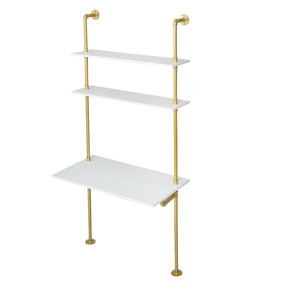 White and Gold Desk, 36" Ladder Desk, Wall Mount Computer Writing Table Pipe Shelf Shelving Mini Narrow Industrial