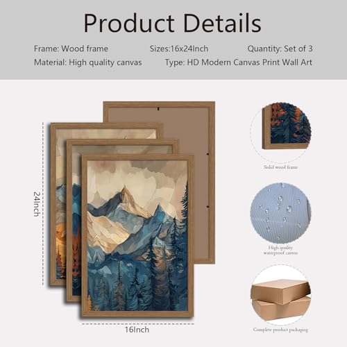 Mountain Wall Art Set of 3 Framed, Abstract Landscape Canvas Print Rainbow Mountain 16x24 Inches