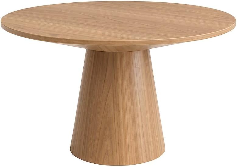 Brown Round Dining Table 59 Inches, Natural Finish with Tapered Pedestal Base, Solid Rubberwood Mindi Veneer, Seats