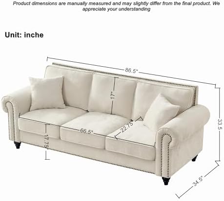 Chesterfield Sofa Set with Rolled Arms - Beige Chenille 3-Seater Sofa and Loveseat with Nailhead Trim and Wood Legs