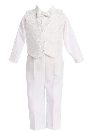 White Boys Embroidered Jacquard Christening Baptism or Wedding Vest Set