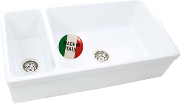 White Farmhouse Sink, 36" Farm Kitchen Sink, Fireclay | Apron Front, 90/10 Double Bowl, Reversible, Undermount, Made