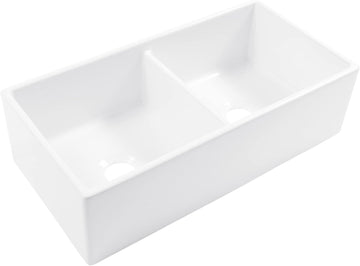 Austen 36 in White Fireclay Farmhouse Sink, Double Bowl | Apron front undermount, SureFire chip-resistant glaze