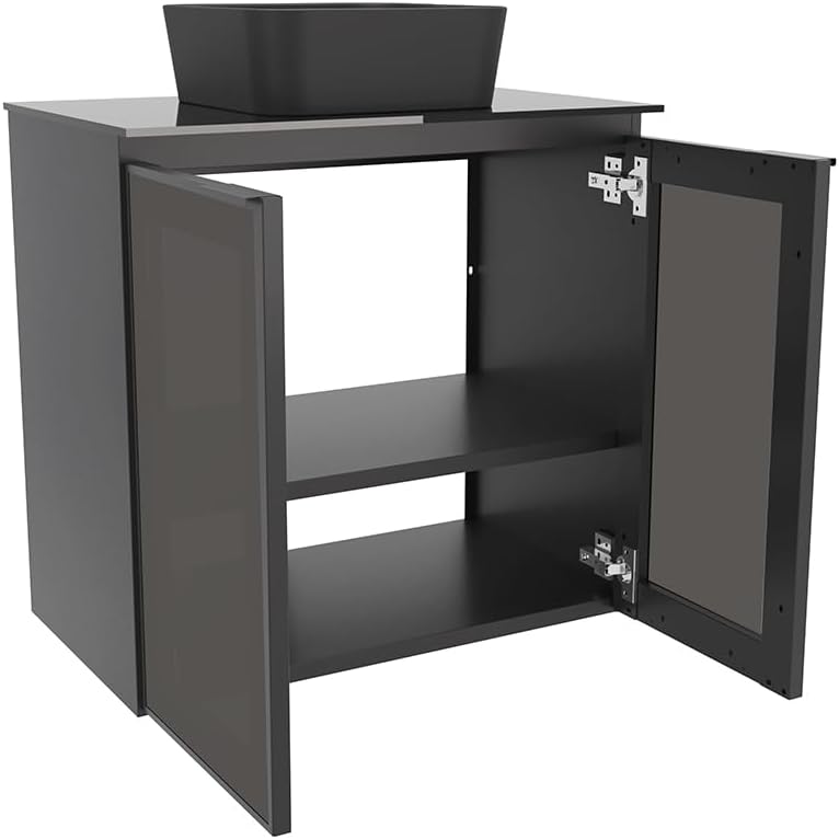 24" Black Steel Bathroom Vanity Set with Tempered Glass Countertop - Industrial Vanity Cabinet