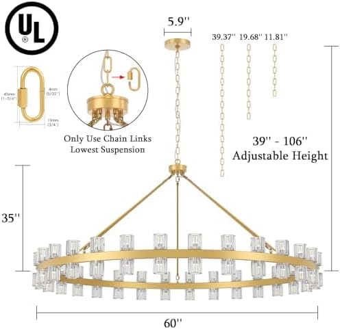 60 Inch Gold Wagon Wheel Chandelier with Crystal Shade, 60 Lights, Modern Farmhouse Style, Ideal for Dining Room, Kitchen, Entryways A117-B0DJ19SS4C