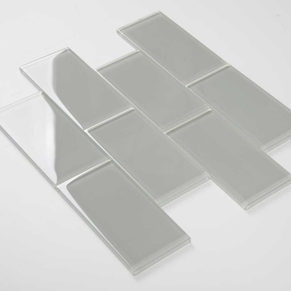 Glass Subway Tile 3 x 6 Inch Light Gray Backsplash Bathroom Wall (32-Pack, 4 sq.ft.)