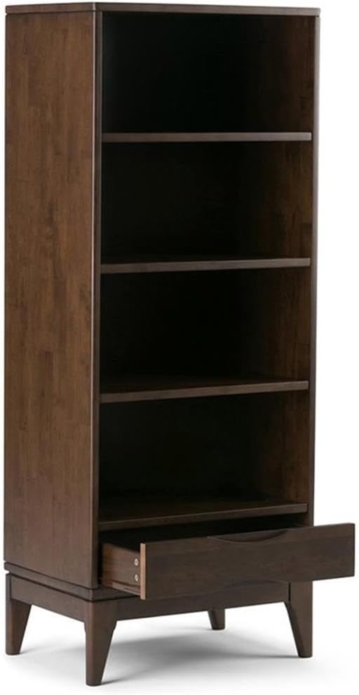 Mid-Century Bookcase, 60" H x 24" W x 16" D, Solid Rubberwood, Walnut Brown Finish, Adjustable Shelves, Drawer with