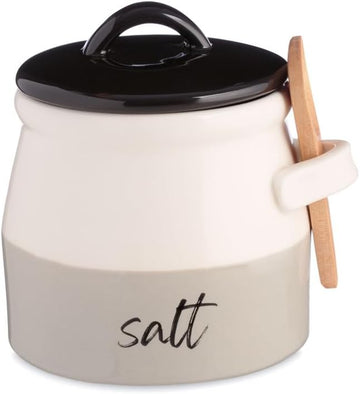 Salt Cellar with Lid and Spoon 10 oz - Handmade Ceramic Salt Keeper with 1.75 inch Lid and 3 inch Bamboo Spoon