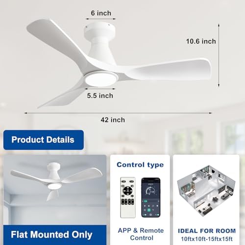 42-Inch Flush Mount Low Profile Ceiling Fan with Dimmable LED Light and Remote - White, 3 Blade, Ultra Quiet DC Motor