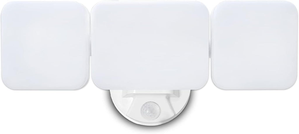 45W 3-Head Motion Sensor Flood Light, White, 1-Pack | Hardwired, Dusk to Dawn, 4500LM Anti-Glare Frosted Lens, IP65