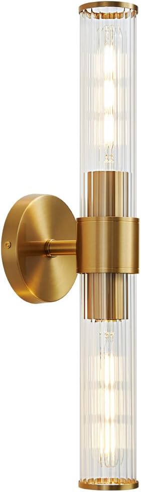 Hardwired Bathroom Light Fixtures, Gold Wall Sconce in Threaded Glass Indoor Wall Sconces, Modern Bathroom Vanity