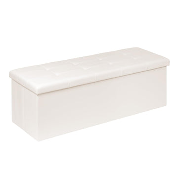 Folding Storage Ottoman Bench with Tray, Beige Faux Leather
