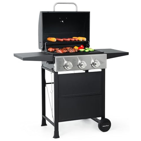 3-Burner Propane Gas Grill, 30,000 BTU Stainless Steel BBQ Grill with 472 Sq. In. Cooking Area and Foldable Side Shelves