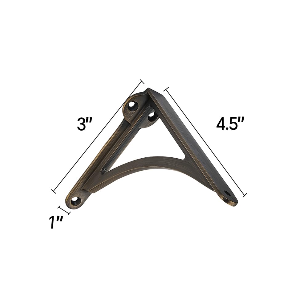 100% Solid Brass Decorative Shelf Brackets, 4.5-inch Wall-Mounted Shelving Brackets, 2-Pack Brushed Antique Brass
