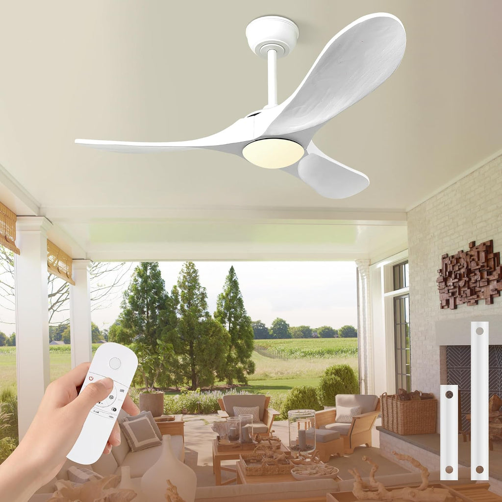 42 Inch Solid Wood 3-Blade Ceiling Fan with Dimmable LED Light and Remote - Modern Propeller Design, White