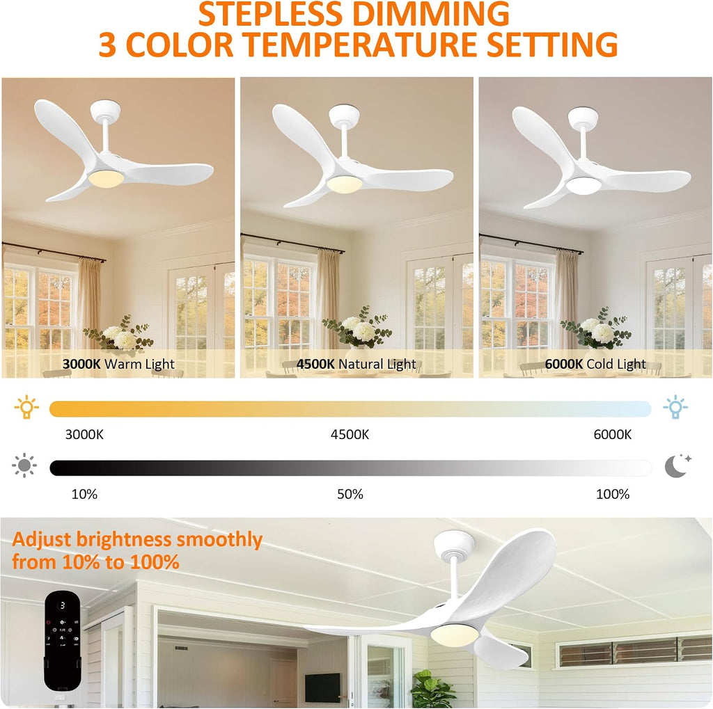 42 Inch Solid Wood 3-Blade Ceiling Fan with Dimmable LED Light and Remote - Modern Propeller Design, White