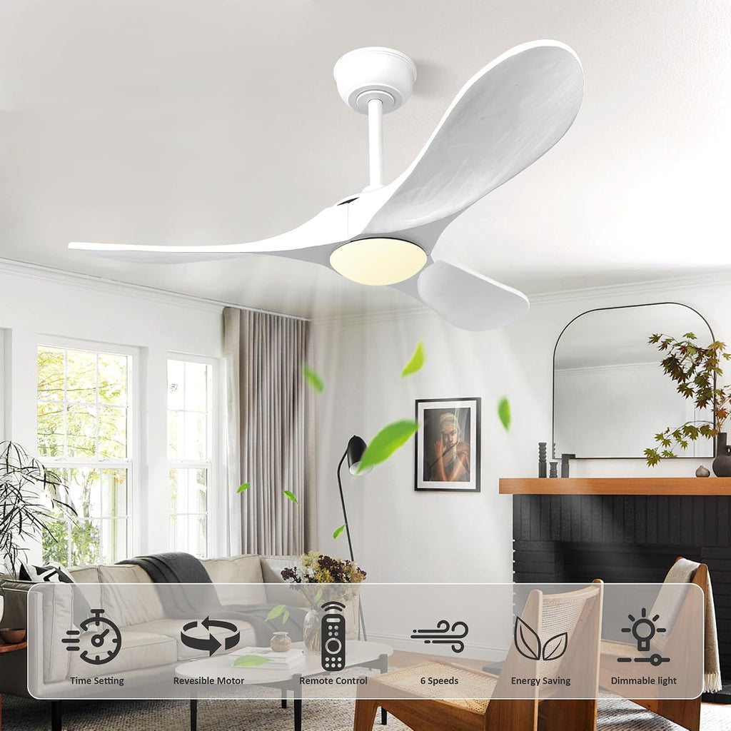 42 Inch Solid Wood 3-Blade Ceiling Fan with Dimmable LED Light and Remote - Modern Propeller Design, White