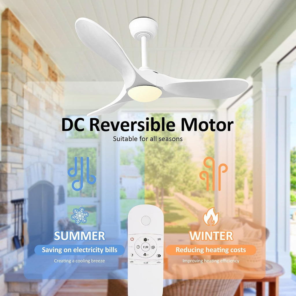 42 Inch Solid Wood 3-Blade Ceiling Fan with Dimmable LED Light and Remote - Modern Propeller Design, White