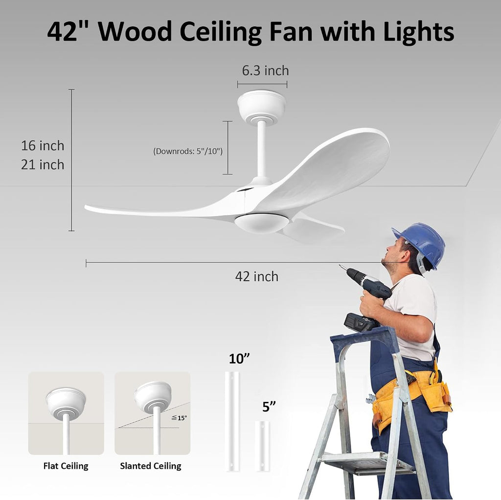 42 Inch Solid Wood 3-Blade Ceiling Fan with Dimmable LED Light and Remote - Modern Propeller Design, White