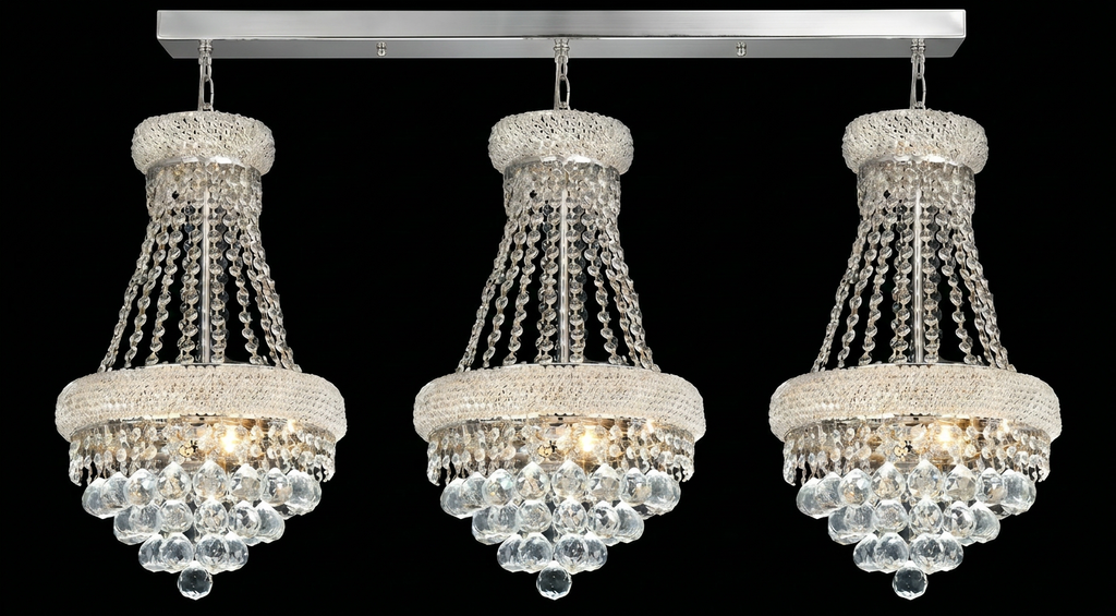 Set of 3 French Empire Crystal Chandeliers - Silver Finish - H22" X W15" 3 Lights Each - Dining Room, Foyer, Entry Way, Living Room