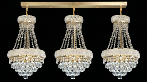 Set of 3 French Empire Crystal Chandeliers - Gold Finish - H22" X W15" 3 Lights Each - Dining Room, Foyer, Entry Way, Living Room