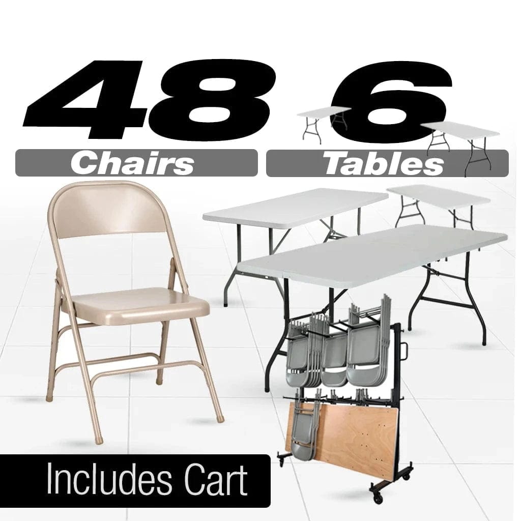 48 Metal Folding Chairs + 6 Heavy Duty Plastic 72x30 Banquet Tables + Hybrid Folding Chair and Banquet Table Cart