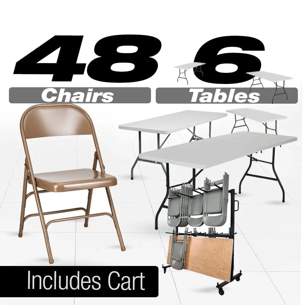 48 Metal Folding Chairs + 6 Heavy Duty Plastic 72x30 Banquet Tables + Hybrid Folding Chair and Banquet Table Cart