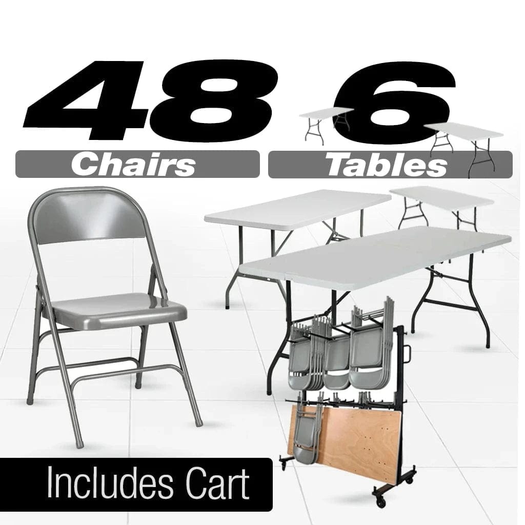 48 Metal Folding Chairs + 6 Heavy Duty Plastic 72x30 Banquet Tables + Hybrid Folding Chair and Banquet Table Cart