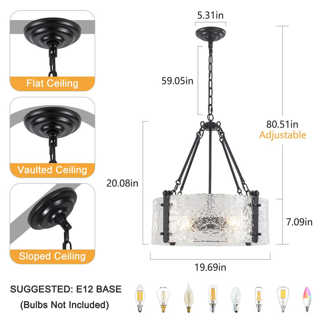 4-Light 20 inch Dimmable Modern Black Drum Chandelier With Ripple Glass Shade