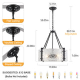 4-Light 20 inch Dimmable Modern Black Drum Chandelier With Ripple Glass Shade