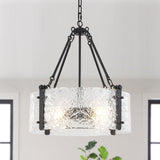 4-Light 20 inch Dimmable Modern Black Drum Chandelier With Ripple Glass Shade